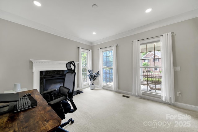 16714 Hammock Creek Pl, Charlotte, NC 28278 - carpeted home office with baseboards, ornamental molding, and recessed lighting