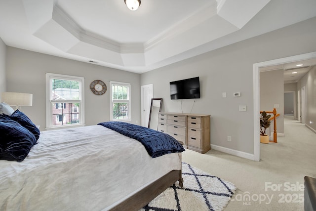 16714 Hammock Creek Pl, Charlotte, NC 28278 - bedroom featuring a tray ceiling, carpet, crown molding, and baseboards