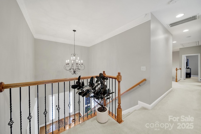 16714 Hammock Creek Pl, Charlotte, NC 28278 - hall featuring an upstairs landing, carpet floors, baseboards, crown molding, and a chandelier