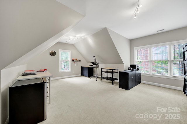 16714 Hammock Creek Pl, Charlotte, NC 28278 - office with track lighting, baseboards, light carpet, and vaulted ceiling