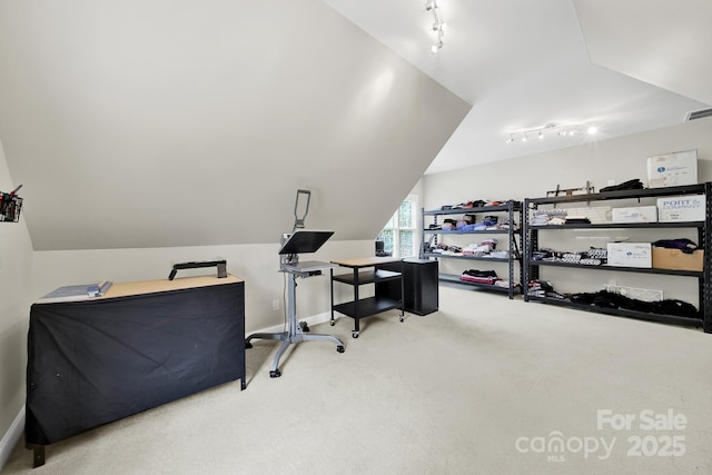 16714 Hammock Creek Pl, Charlotte, NC 28278 - carpeted home office with track lighting, lofted ceiling, and baseboards