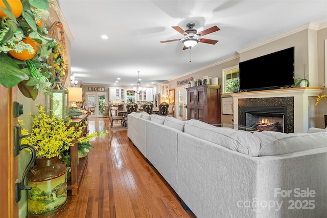 51 Cherry Ridge Ln, Weaverville, NC 28787 - living room featuring ceiling fan, a high end fireplace, hardwood / wood-style floors, ornamental molding, and recessed lighting