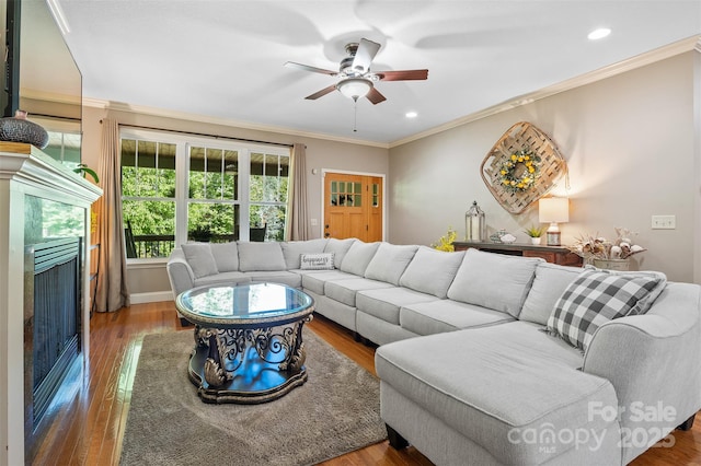 51 Cherry Ridge Ln, Weaverville, NC 28787 - living room with ornamental molding, a ceiling fan, a fireplace, wood finished floors, and recessed lighting