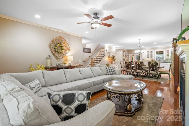 51 Cherry Ridge Ln, Weaverville, NC 28787 - living area featuring stairway, recessed lighting, a ceiling fan, hardwood / wood-style floors, and crown molding