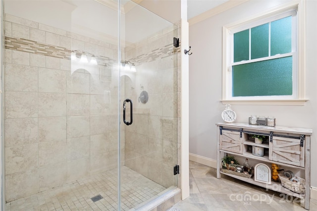 51 Cherry Ridge Ln, Weaverville, NC 28787 - full bath featuring a shower stall, ornamental molding, baseboards, and marble finish flooring