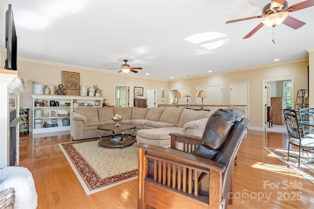 51 Cherry Ridge Ln, Weaverville, NC 28787 - living area featuring a ceiling fan, a fireplace, light wood-type flooring, recessed lighting, and ornamental molding