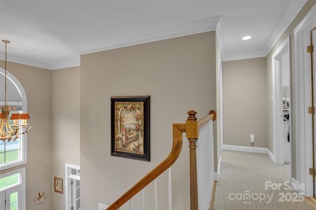 604 Gwendolyn Ct, Granite Falls, NC 28630 - hallway featuring an upstairs landing, a chandelier, light carpet, crown molding, and recessed lighting