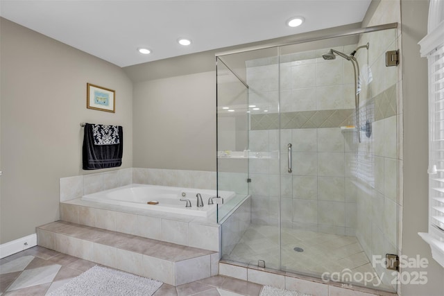 604 Gwendolyn Ct, Granite Falls, NC 28630 - full bath with a bath, tile patterned floors, a stall shower, and recessed lighting