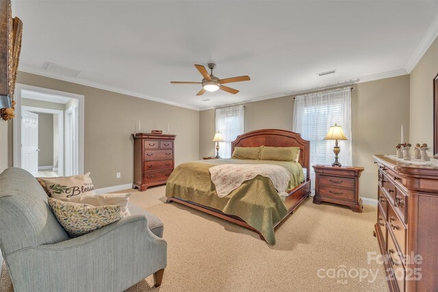 604 Gwendolyn Ct, Granite Falls, NC 28630 - bedroom with light carpet, crown molding, and a ceiling fan