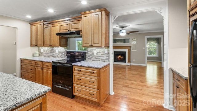 8321 Walkup Rd, Waxhaw, NC 28173 - kitchen featuring electric range, under cabinet range hood, backsplash, light wood-type flooring, and ceiling fan