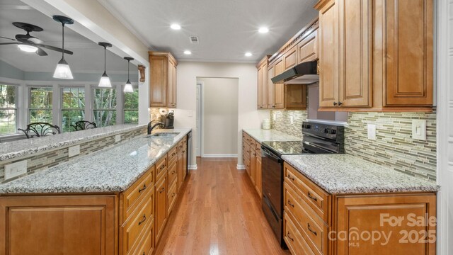 8321 Walkup Rd, Waxhaw, NC 28173 - kitchen with black range with electric cooktop, under cabinet range hood, a ceiling fan, a peninsula, and light wood-style floors