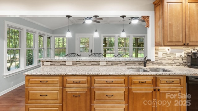 8321 Walkup Rd, Waxhaw, NC 28173 - kitchen featuring black dishwasher, decorative backsplash, light stone counters, and ceiling fan