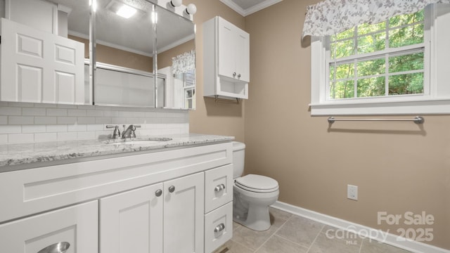 8321 Walkup Rd, Waxhaw, NC 28173 - bathroom featuring crown molding, vanity, backsplash, tile patterned floors, and a shower with door