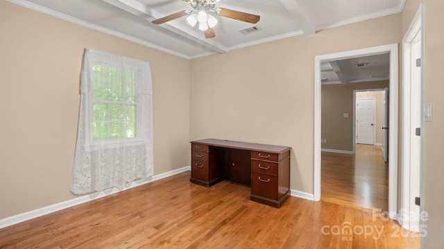 8321 Walkup Rd, Waxhaw, NC 28173 - unfurnished office featuring beam ceiling, a ceiling fan, light wood-style floors, ornamental molding, and coffered ceiling