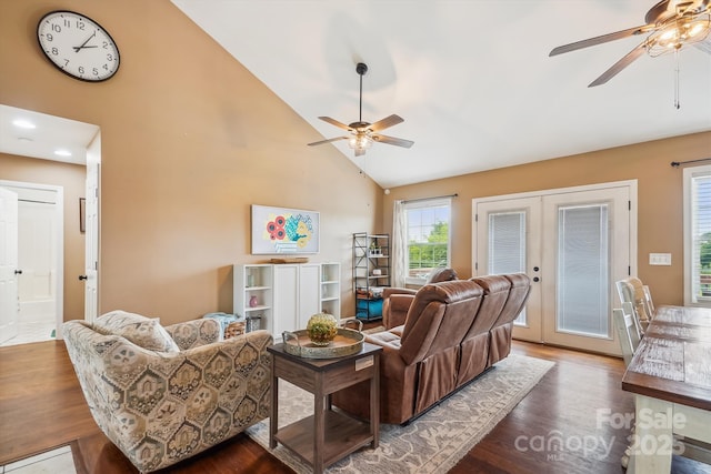 2843 Startown Rd, Lincolnton, NC 28092 - living room with a ceiling fan, high vaulted ceiling, french doors, and wood finished floors
