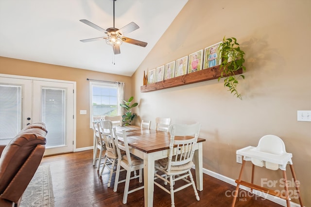 2843 Startown Rd, Lincolnton, NC 28092 - dining area with ceiling fan, french doors, wood finished floors, baseboards, and high vaulted ceiling