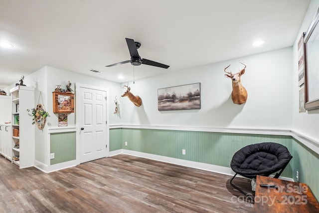 2843 Startown Rd, Lincolnton, NC 28092 - unfurnished room featuring a ceiling fan, wood finished floors, recessed lighting, baseboards, and wainscoting