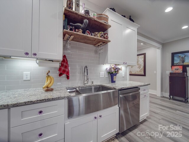 574 Crescent Rd, Rockwell, NC 28138 - kitchen featuring stainless steel dishwasher, a sink, white cabinets, open shelves, and light wood-style floors