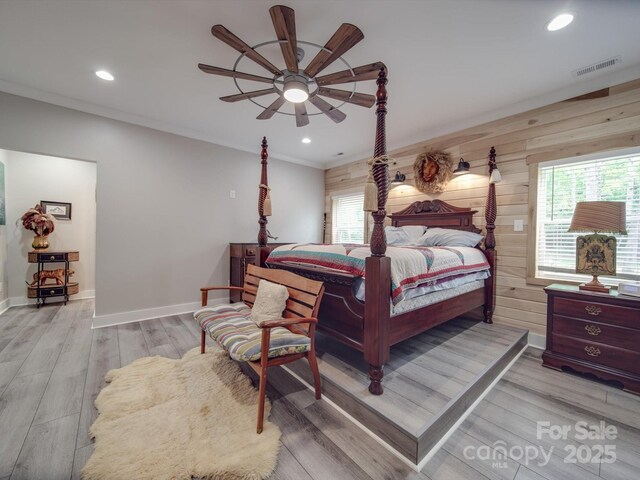574 Crescent Rd, Rockwell, NC 28138 - bedroom featuring light wood-type flooring, recessed lighting, baseboards, and wooden walls