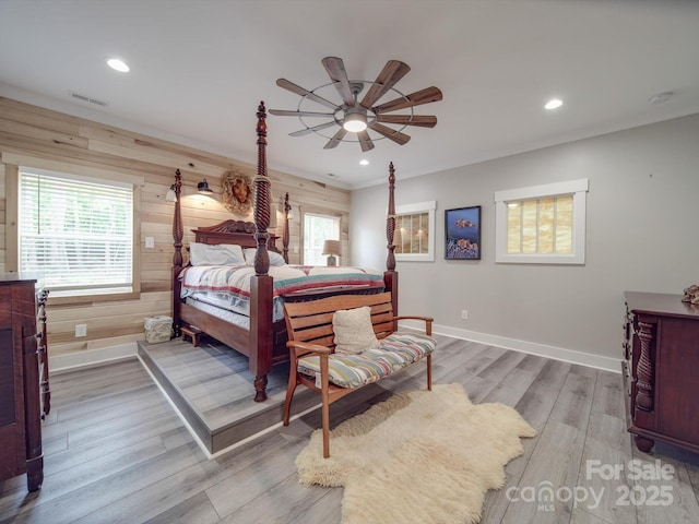 574 Crescent Rd, Rockwell, NC 28138 - bedroom with wood finished floors, recessed lighting, baseboards, wooden walls, and a ceiling fan