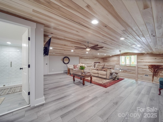 574 Crescent Rd, Rockwell, NC 28138 - living room with ceiling fan, wood finished floors, wood ceiling, recessed lighting, and baseboards