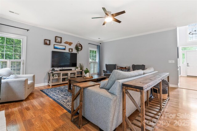 6432 Morningsong Ln, Charlotte, NC 28269 - living room with light wood-style floors, a ceiling fan, ornamental molding, and baseboards