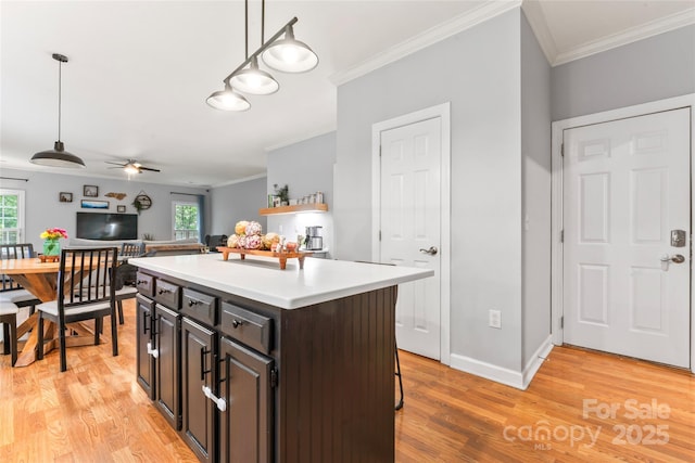 6432 Morningsong Ln, Charlotte, NC 28269 - kitchen with ornamental molding, healthy amount of natural light, light countertops, light wood-style flooring, and hanging light fixtures