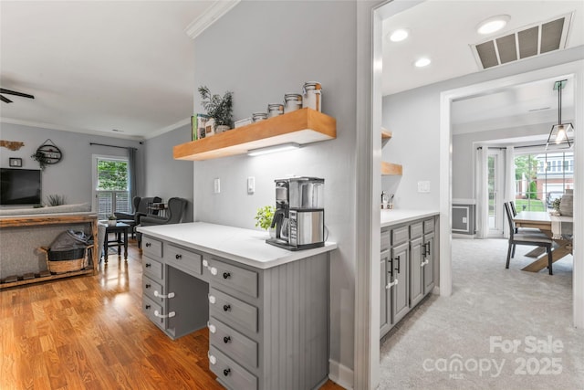 6432 Morningsong Ln, Charlotte, NC 28269 - kitchen featuring gray cabinetry, crown molding, open shelves, light countertops, and open floor plan