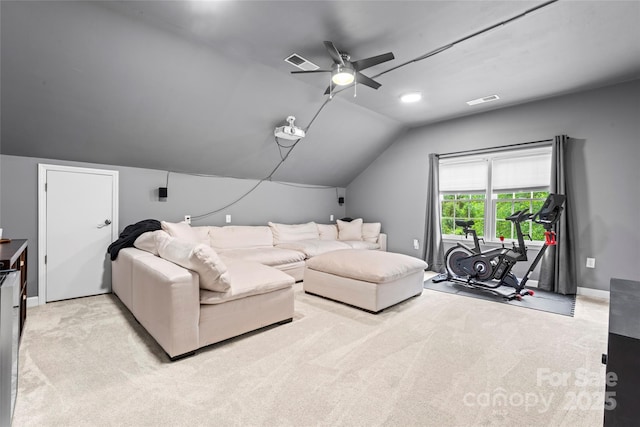 6432 Morningsong Ln, Charlotte, NC 28269 - living room featuring vaulted ceiling, light carpet, a ceiling fan, and baseboards