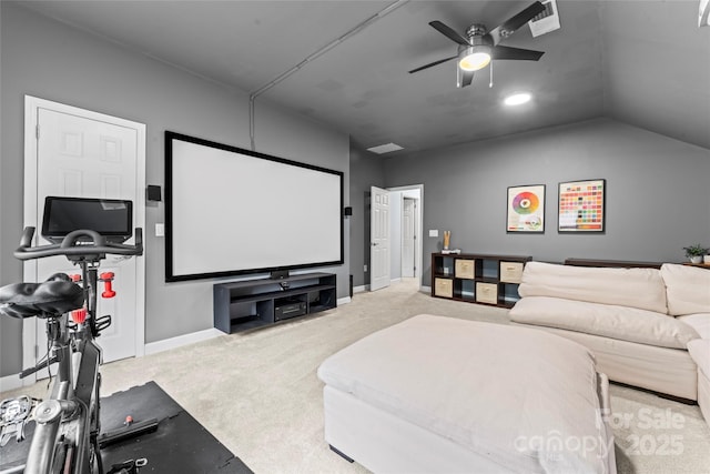 6432 Morningsong Ln, Charlotte, NC 28269 - cinema featuring carpet, a ceiling fan, baseboards, and lofted ceiling