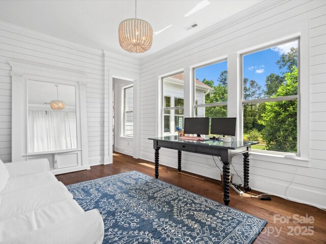 435 Galbreath Ct Unit 128, Fort Mill, SC 29708 - office area with healthy amount of natural light, a chandelier, wooden walls, wood finished floors, and crown molding