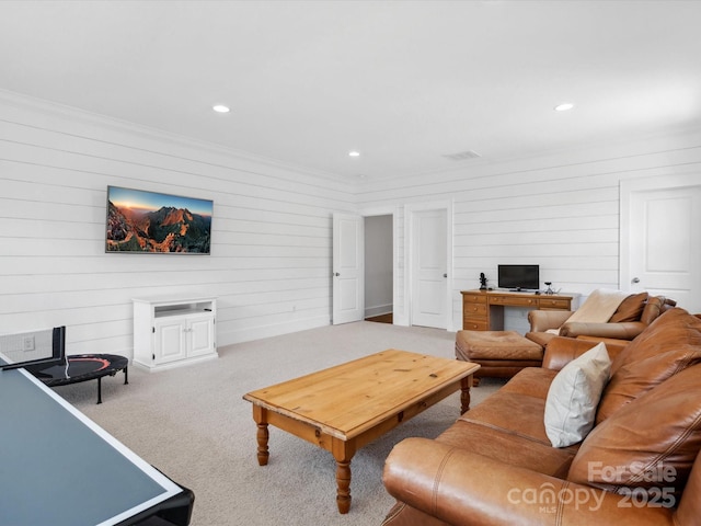 435 Galbreath Ct Unit 128, Fort Mill, SC 29708 - living area featuring carpet floors, wood walls, recessed lighting, and crown molding