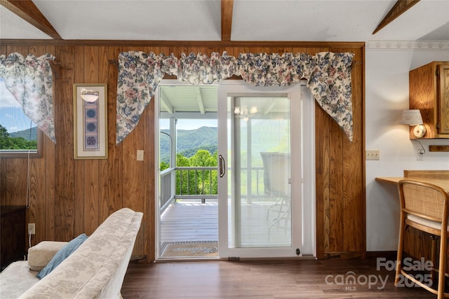 90 Eagles Nest Ln, Maggie Valley, NC 28751 - doorway to outside with wooden walls, beam ceiling, healthy amount of natural light, a mountain view, and wood finished floors