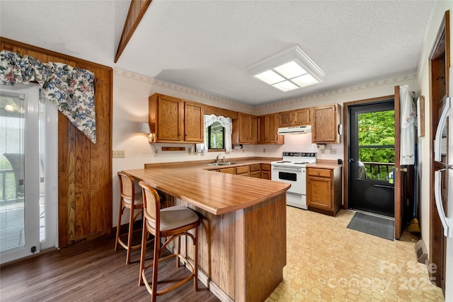90 Eagles Nest Ln, Maggie Valley, NC 28751 - kitchen featuring white range with electric cooktop, range hood, brown cabinets, and a textured ceiling