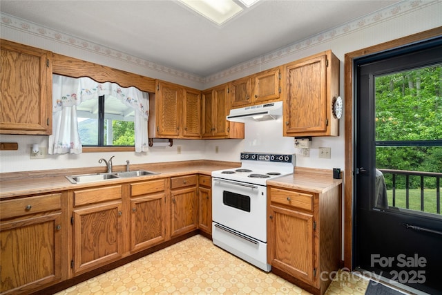 90 Eagles Nest Ln, Maggie Valley, NC 28751 - kitchen featuring electric range, under cabinet range hood, a sink, light floors, and light countertops