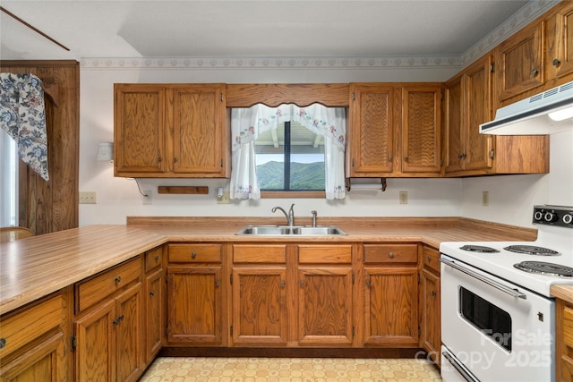 90 Eagles Nest Ln, Maggie Valley, NC 28751 - kitchen with white range with electric stovetop, a sink, under cabinet range hood, light countertops, and brown cabinets