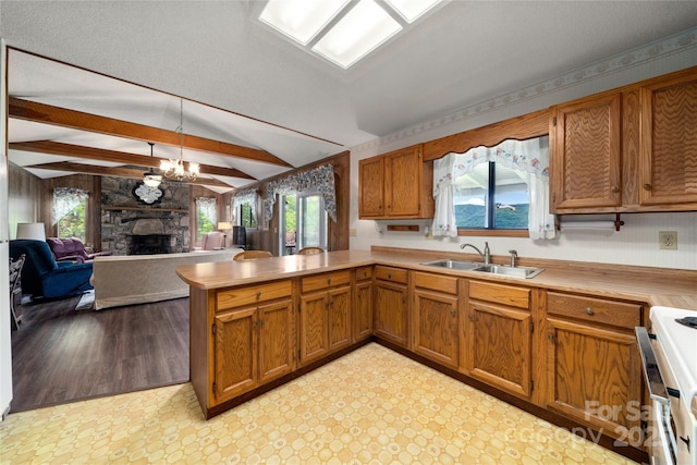 90 Eagles Nest Ln, Maggie Valley, NC 28751 - kitchen featuring a sink, a fireplace, healthy amount of natural light, and a peninsula