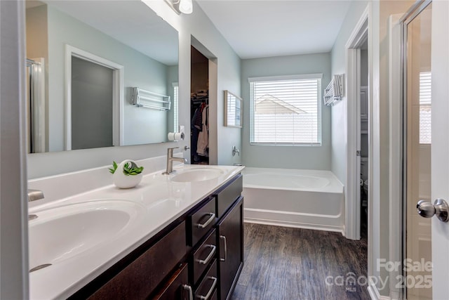 1077 River Haven Ave SW, Concord, NC 28025 - full bath with a garden tub, healthy amount of natural light, wood finished floors, and double vanity