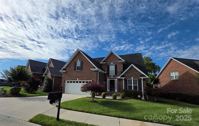 2563 Firethorn Ct, Gastonia, NC 28056 - traditional-style home featuring concrete driveway, an attached garage, brick siding, and a front lawn