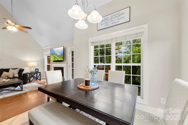 2563 Firethorn Ct, Gastonia, NC 28056 - dining room featuring vaulted ceiling, ceiling fan, a chandelier, a fireplace, and baseboards