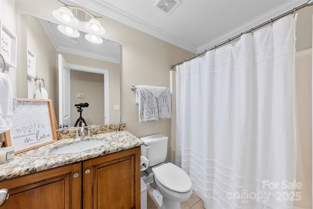 2563 Firethorn Ct, Gastonia, NC 28056 - bathroom featuring toilet, vanity, ornamental molding, tile patterned floors, and a shower with curtain