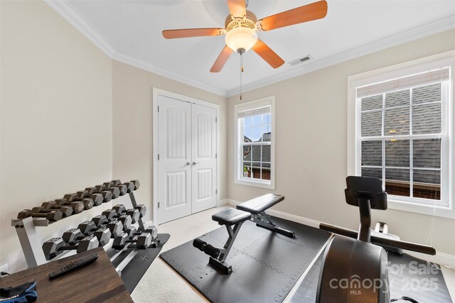 2563 Firethorn Ct, Gastonia, NC 28056 - exercise area with ornamental molding, ceiling fan, and baseboards