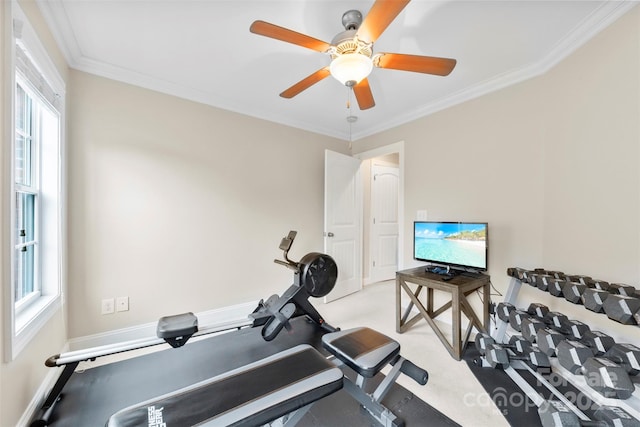 2563 Firethorn Ct, Gastonia, NC 28056 - exercise room with crown molding, a ceiling fan, and baseboards