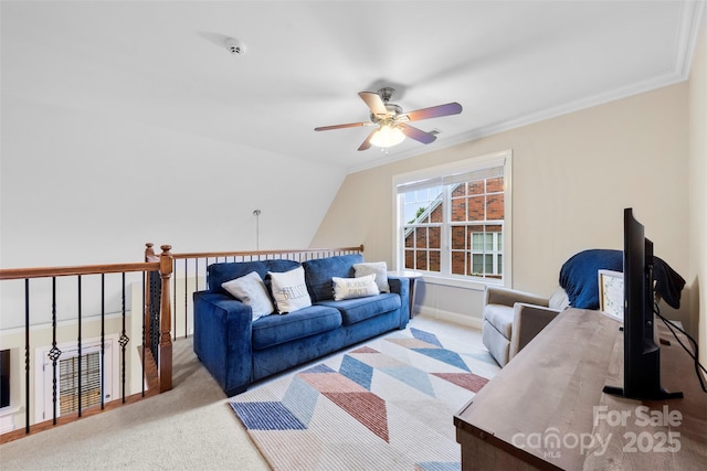 2563 Firethorn Ct, Gastonia, NC 28056 - carpeted living area with ceiling fan, baseboards, ornamental molding, and lofted ceiling