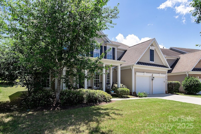 10792 Elsfield Ave NW, Concord, NC 28027 - view of front of home with driveway, a garage, a front yard, a standing seam roof, and a shingled roof