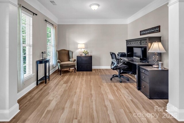 10792 Elsfield Ave NW, Concord, NC 28027 - office space with light wood finished floors, baseboards, crown molding, and decorative columns