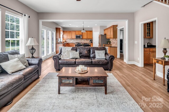 10792 Elsfield Ave NW, Concord, NC 28027 - living room featuring light wood-style flooring, baseboards, a ceiling fan, and recessed lighting