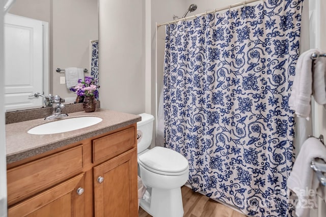 10792 Elsfield Ave NW, Concord, NC 28027 - bathroom with toilet, vanity, wood finished floors, and a shower with shower curtain