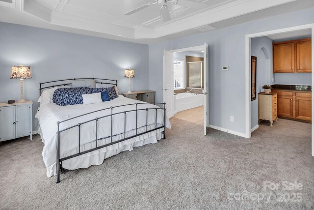 10792 Elsfield Ave NW, Concord, NC 28027 - bedroom with light carpet, baseboards, a tray ceiling, ensuite bathroom, and arched walkways