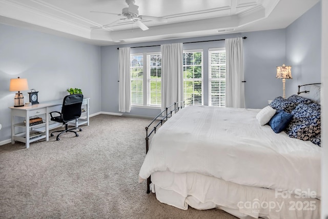 10792 Elsfield Ave NW, Concord, NC 28027 - carpeted bedroom featuring a tray ceiling, baseboards, crown molding, ceiling fan, and an office area